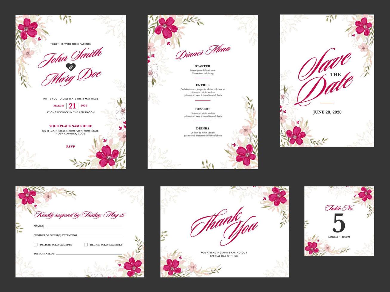 bruiloft uitnodiging kaart met avondeten menu, opslaan de datum, dank u en tafel nummer. vector