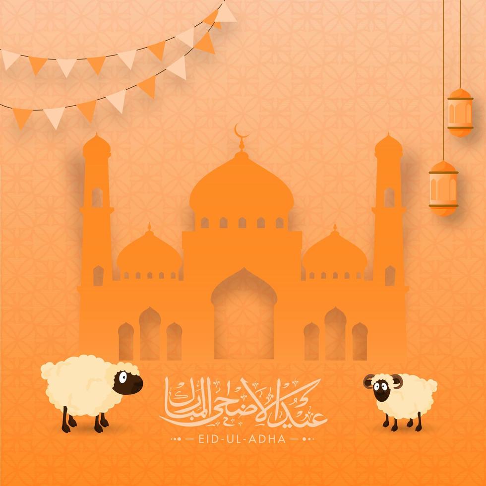 eid-ul-adha mubarak concept met twee tekenfilm schaap, hangende lantaarns en papier besnoeiing moskee Aan oranje Arabisch patroon achtergrond. vector