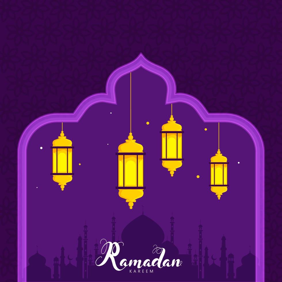 Ramadan kareem doopvont met hangende lantaarns versierd Aan moskee Purper Islamitisch patroon achtergrond. vector