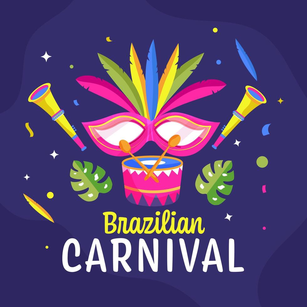 braziliaans carnaval viering concept met partij masker, vuvuzela en trommel instrument Aan blauw achtergrond. vector