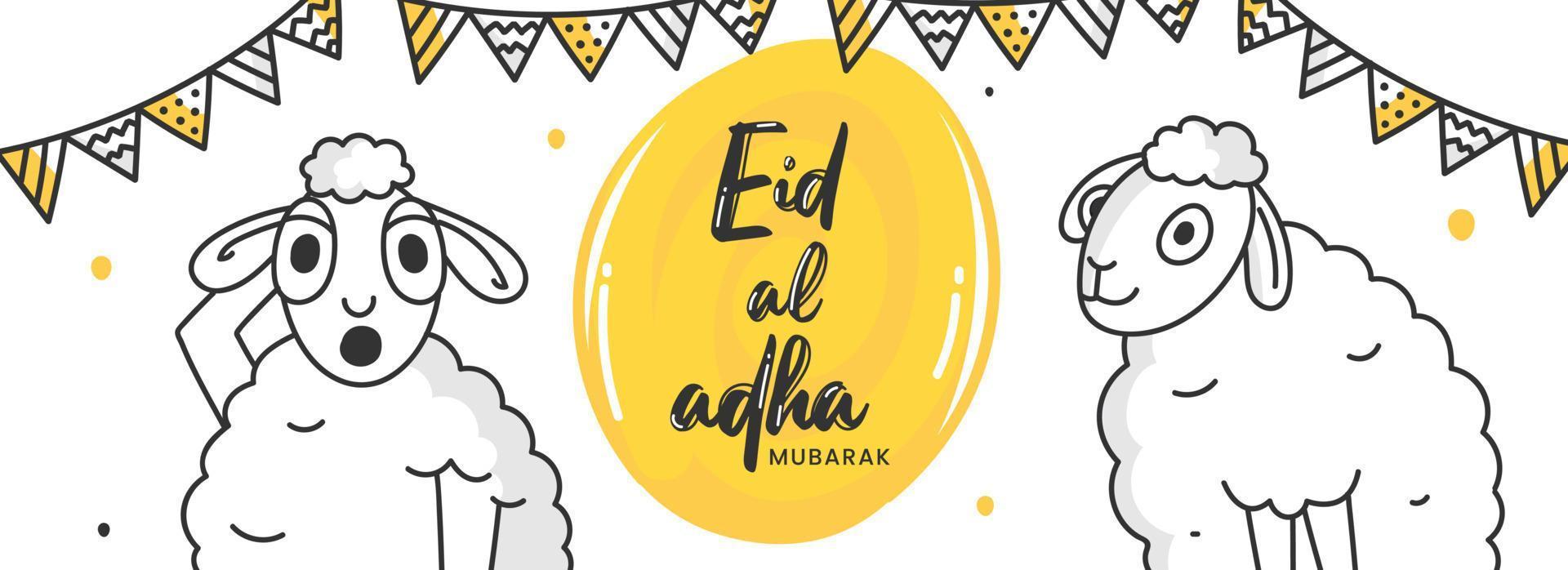 eid-al-adha mubarak doopvont met lijn kunst tekenfilm grappig schapen en vlaggedoek vlaggen versierd Aan wit achtergrond. vector