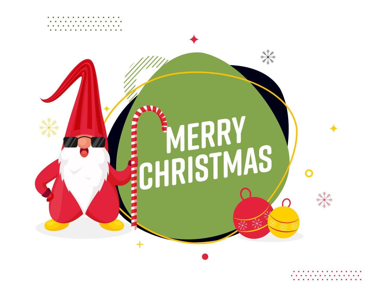 vrolijk Kerstmis tekst met kerstballen en schattig gnoom Holding een snoep riet Aan wit achtergrond. vector