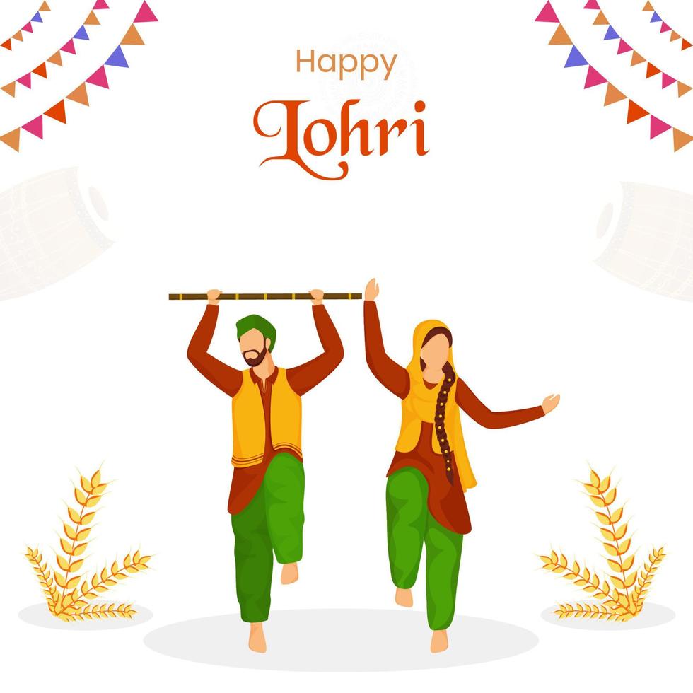 Punjabi paar aan het doen bhangra of volk dans met stok, tarwe oor en vlaggedoek vlaggen Aan wit achtergrond voor gelukkig lohri. vector