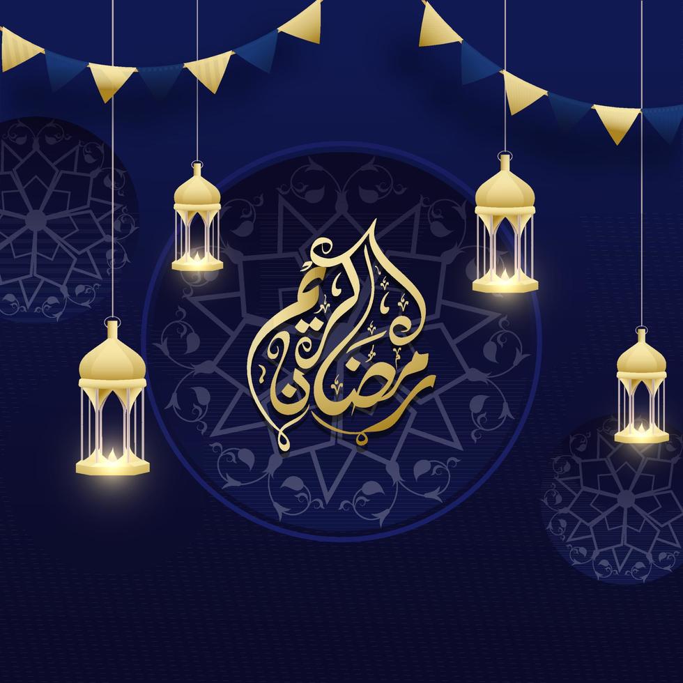 gouden Ramadan kareem schoonschrift in Arabisch taal met hangende verlichte lantaarns en mandala patroon Aan blauw achtergrond. vector