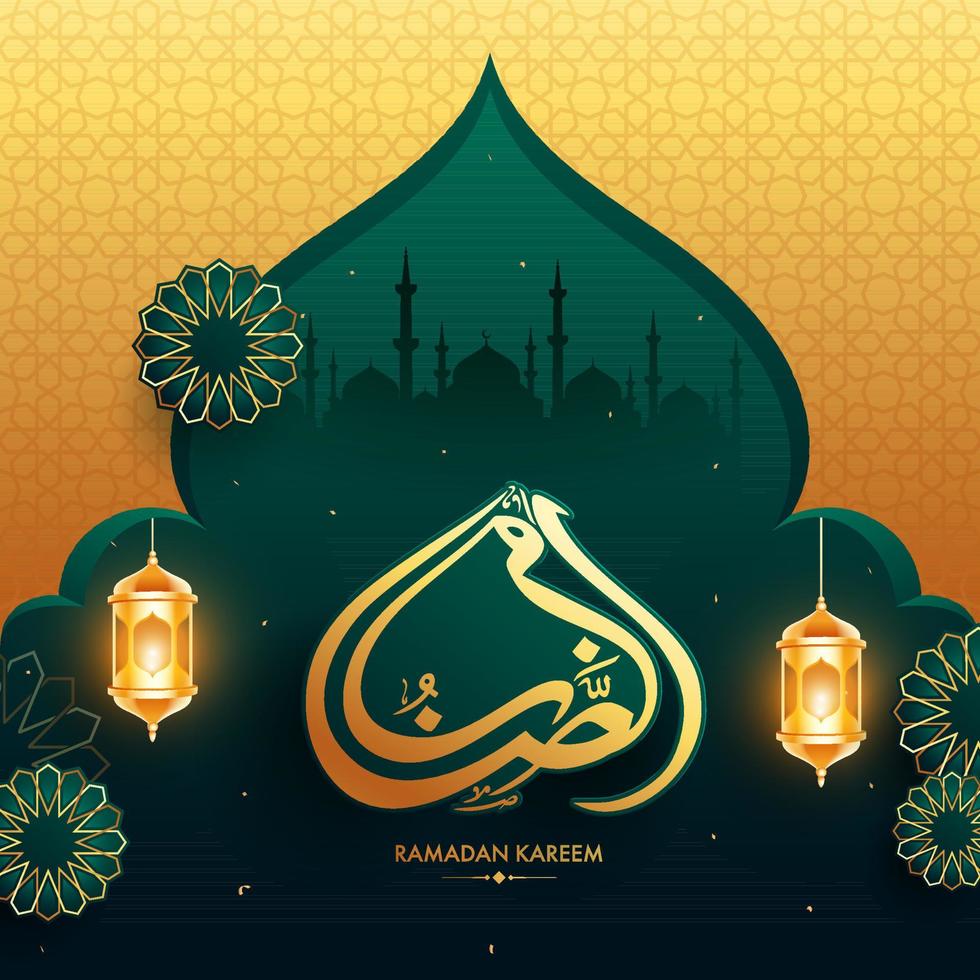 sticker stijl Ramadan kareem tekst in Arabisch schoonschrift met hangende verlichte lantaarns en mandala patroon Aan moskee groen en gouden Islamitisch patroon achtergrond. vector