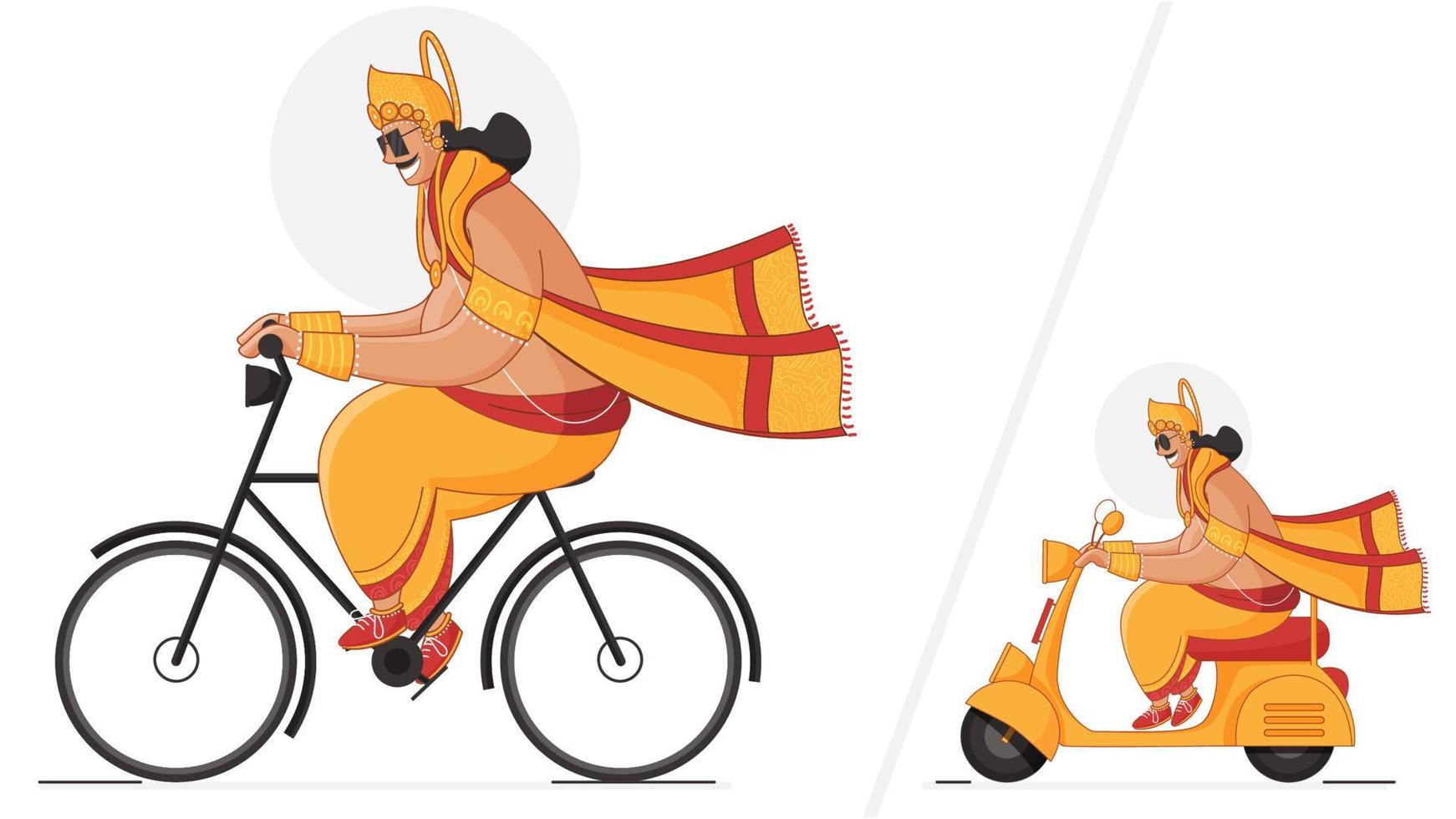 koning mahabali rijden fiets en scooter in twee optie Aan wit achtergrond. vector