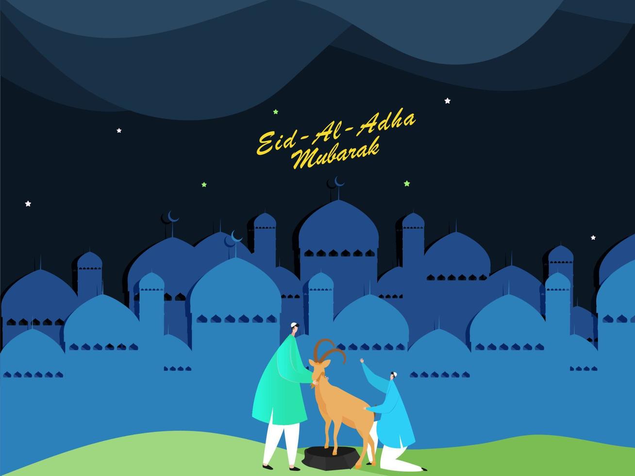 moslim mannen Holding een tekenfilm geit Aan blauw papier besnoeiing overlappende moskee achtergrond voor eid-al-adha mubarak viering. vector