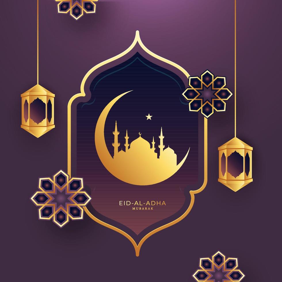 eid-al-adha mubarak concept met halve maan maan, een ster, moskee hangende lantaarns en mandala versierd Aan Purper achtergrond. vector