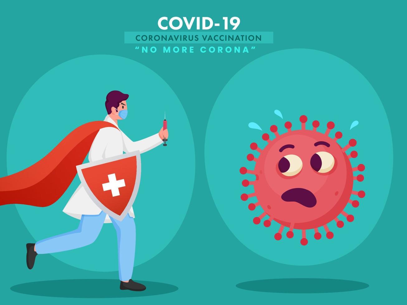 superheld dokter strijd tegen coronavirus gebruik makend van vaccin injectie met medisch veiligheid schild voor Nee meer corona. vector