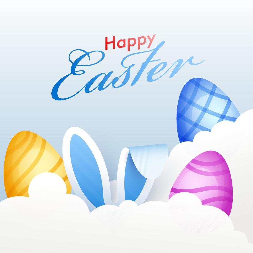 gelukkig Pasen doopvont met kleurrijk geschilderd eieren en konijn oor Aan papier besnoeiing wolk achtergrond. vector