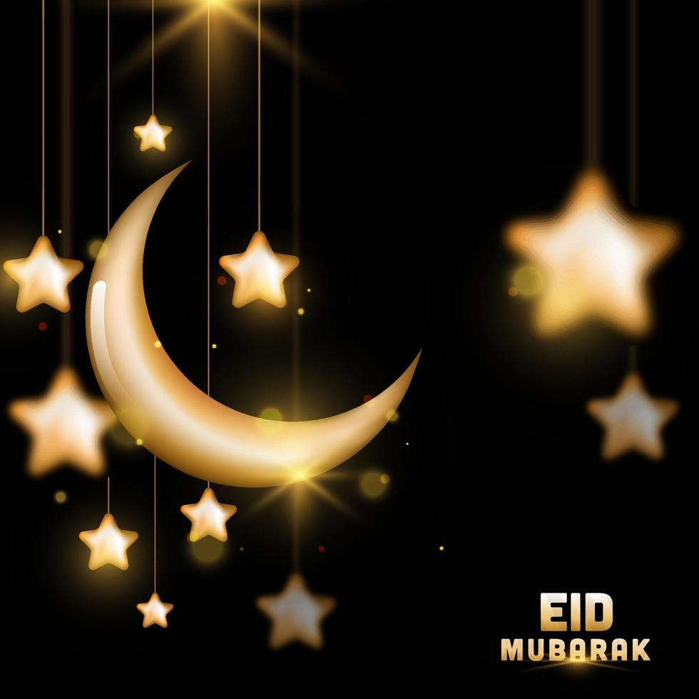 Islamitisch festival eid mubarak concept met hangende gouden sterren, en halve maan maan Aan nacht achtergrond. vector