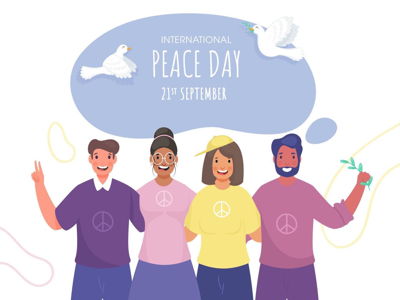 Internationale vrede dag poster ontwerp met vliegend duiven en vrolijk groep mensen in foto vastleggen houding. vector
