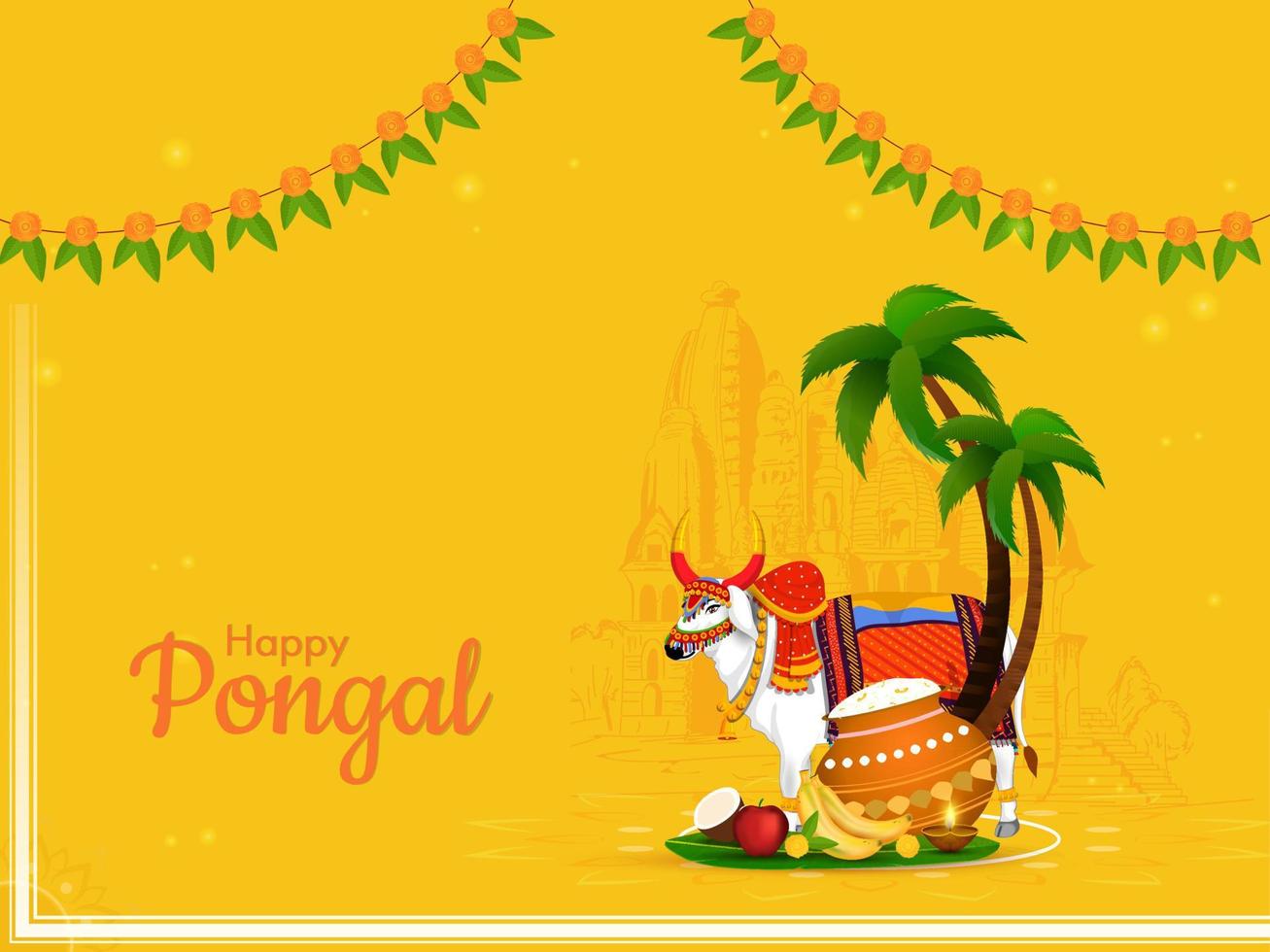 gelukkig pongal viering concept met os karakter, rijst- modder pot, fruit, palm of kokosnoot bomen, Toran Aan geel tempel achtergrond. vector