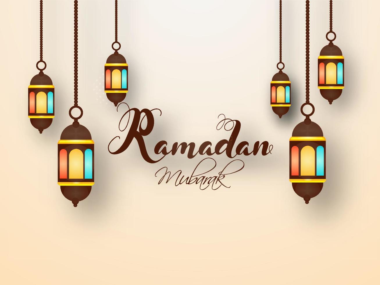 schoonschrift van Ramadan mubarak tekst met hangende verlichte lantaarns versierd Aan beige achtergrond. vector