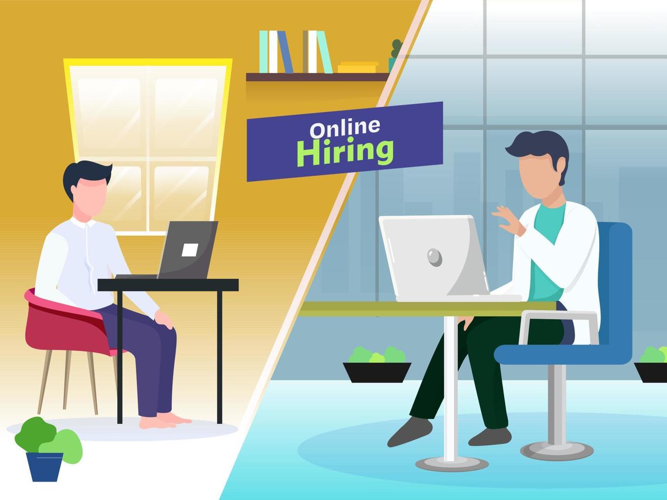 bedrijf Mens hebben interview een baan kandidaat van laptop voor online in dienst nemen concept gebaseerd poster ontwerp. vector