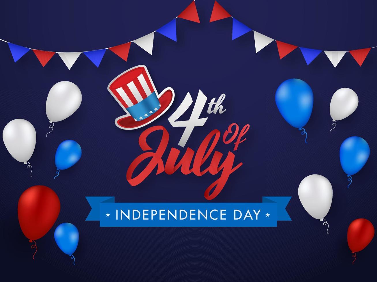 4e van juli doopvont met oom Sam hoed, glanzend ballonnen en vlaggedoek vlaggen versierd Aan Purper achtergrond voor onafhankelijkheid dag concept. vector
