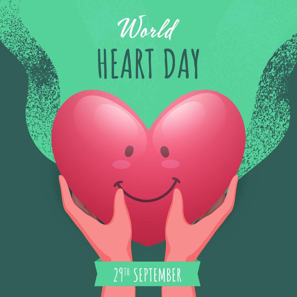 hand- Holding glanzend glimlach hart Aan groen lawaai effect achtergrond voor wereld hart dag, 29e september. vector