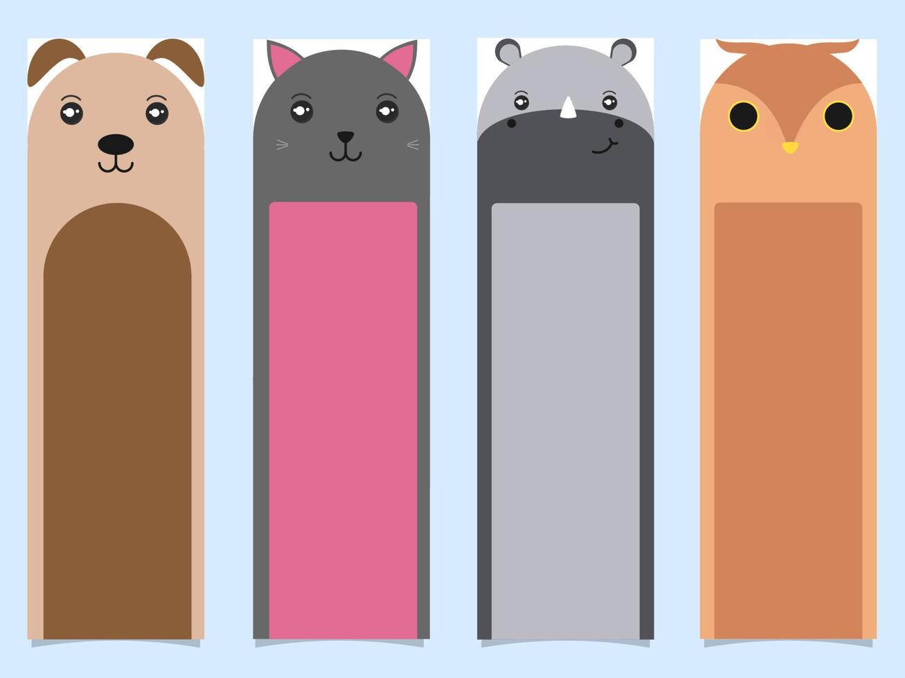 afdrukbare bladwijzers van tekenfilm hond, kat, nijlpaard, uil in verschillend kleur. vector