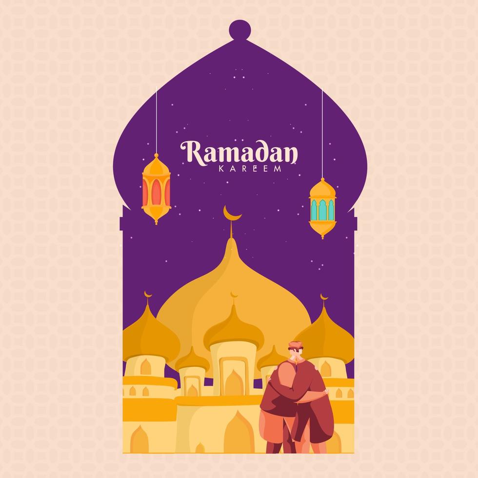 Ramadan kareem viering achtergrond met moslim mannen knuffelen naar elk andere in voorkant van geel moskee. vector