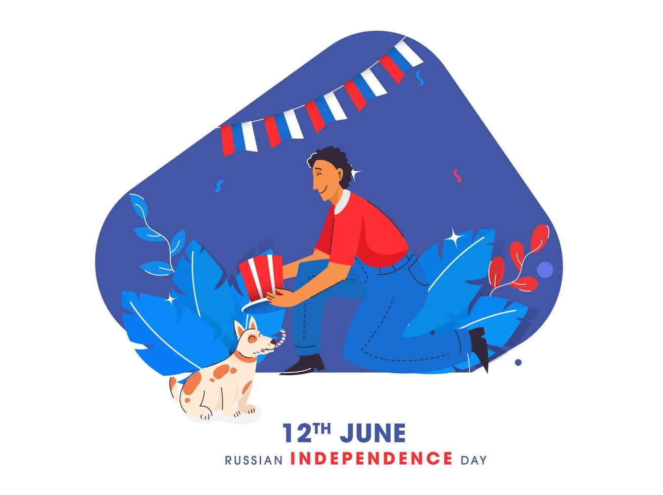 12e juni gelukkig Rusland onafhankelijkheid dag concept, jong jongen Holding Rusland vlag kleur hoed met tekenfilm hond Aan natuur abstract achtergrond. vector
