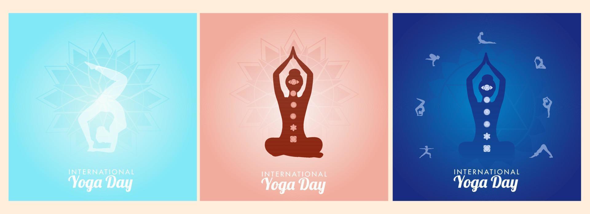 Internationale yoga dag poster ontwerp met silhouet vrouw beoefenen yoga asana in drie opties. vector
