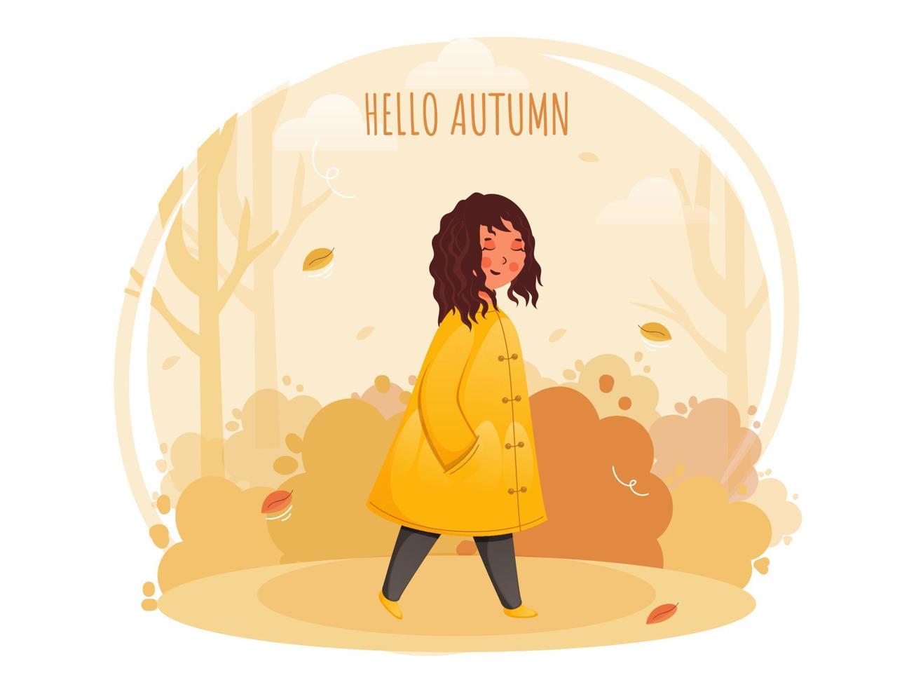 Hallo herfst abstract achtergrond met smiley schattig meisje in wandelen houding. vector