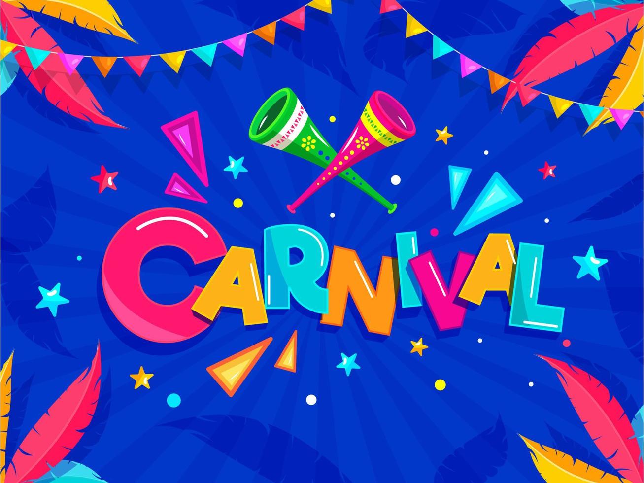 kleurrijk carnaval tekst met partij Hoorn, ster, meetkundig element en veer versierd Aan blauw stralen achtergrond. vector