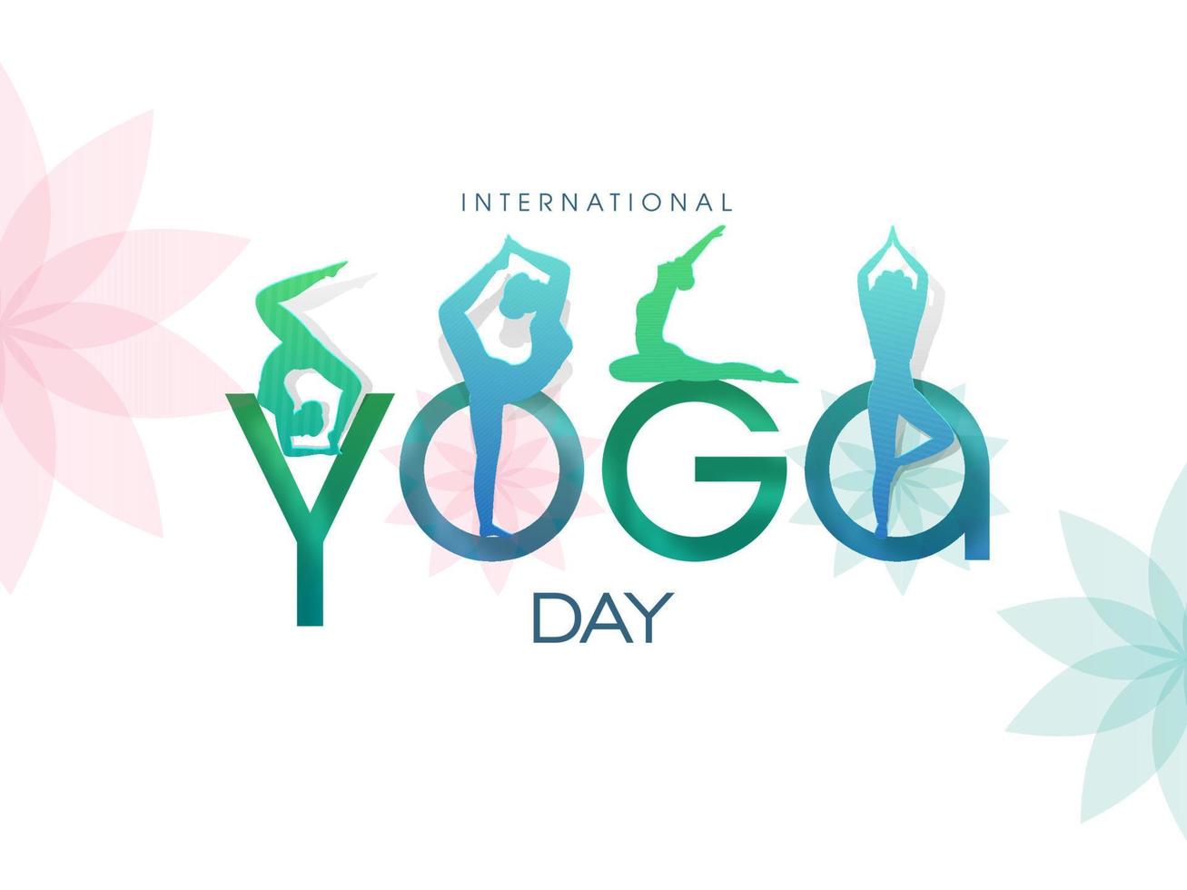 Internationale yoga dag tekst met papier besnoeiing illustratie van Dames aan het doen yoga asana's Aan bloem wit achtergrond. vector