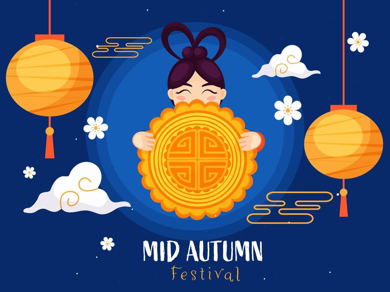 midden herfst festival poster ontwerp met Chinese meisje Holding een maancake, bloemen, wolken en hangende lantaarns versierd Aan blauw achtergrond. vector