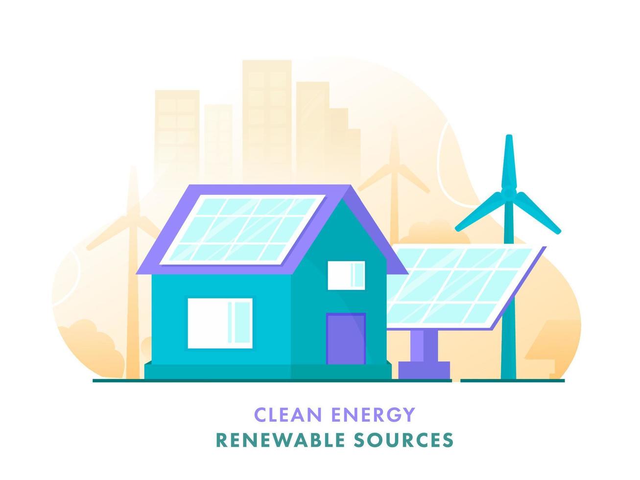 schoon energie hernieuwbaar bronnen poster ontwerp met huis illustratie, zonne- panelen, windmolens en gebouwen Aan wit achtergrond. vector