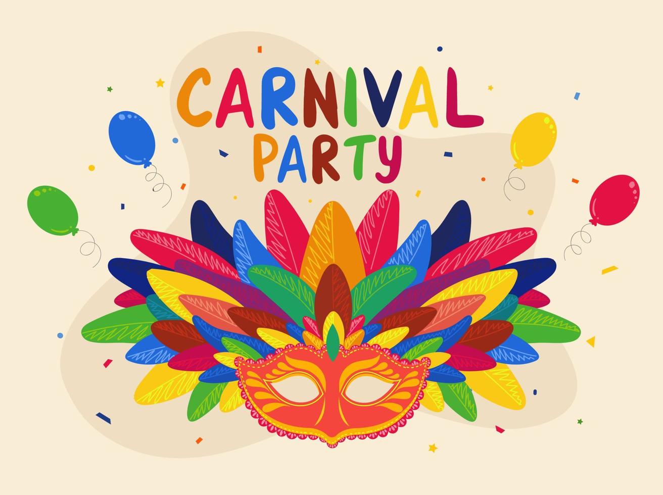 kleurrijk carnaval partij tekst met masker met veren en ballonnen versierd achtergrond. vector