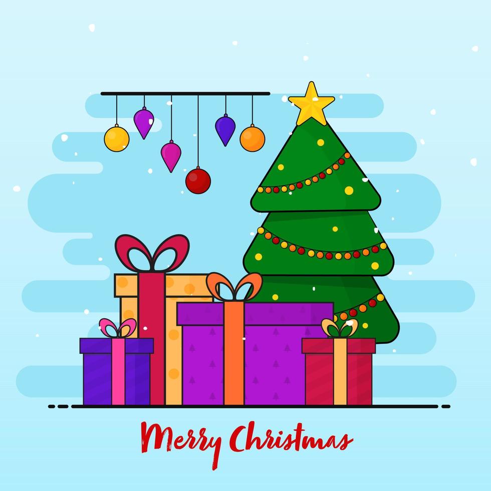 vrolijk Kerstmis viering poster ontwerp met decoratief Kerstmis boom, geschenk dozen en hangende kerstballen Aan lucht blauw achtergrond. vector