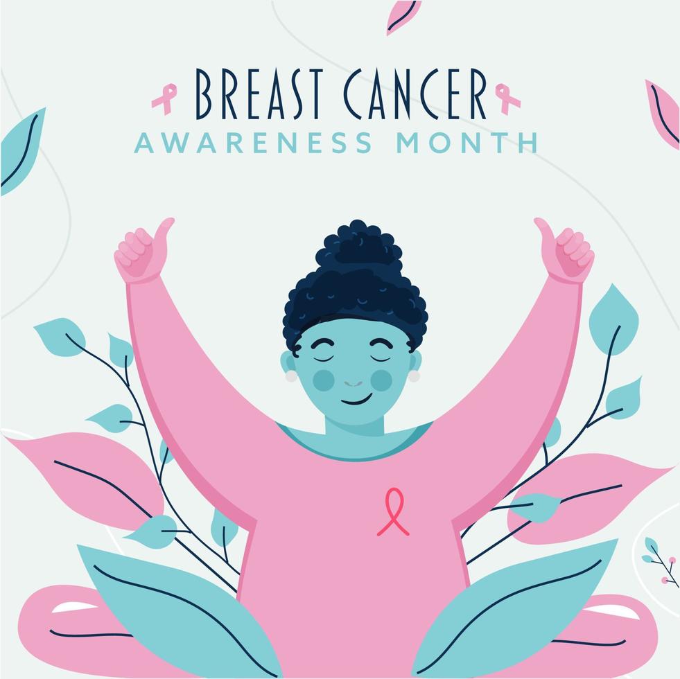 tekenfilm jong meisje tonen duimen omhoog met bladeren versierd achtergrond voor borst kanker bewustzijn maand concept. vector