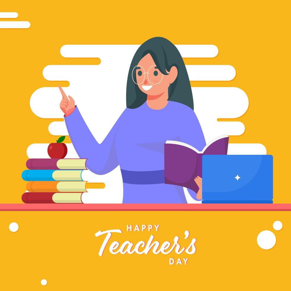 gelukkig leraar dag tekst met jong vrouw opvoeder Holding boek en laptop Aan wit en geel achtergrond. vector