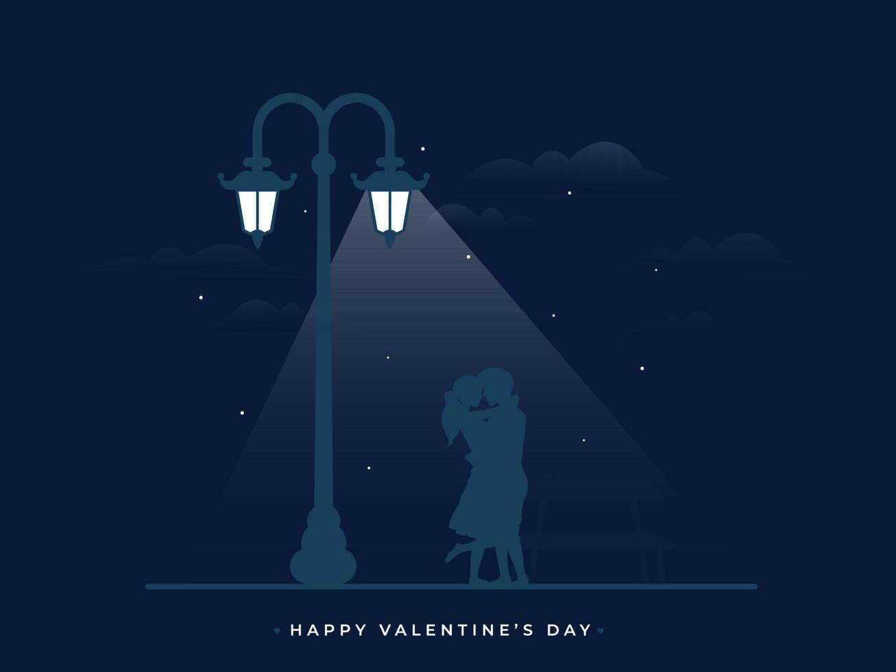 silhouet romantisch paar knuffelen onder straat lamp Aan nacht visie blauw achtergrond voor gelukkig Valentijnsdag dag. vector
