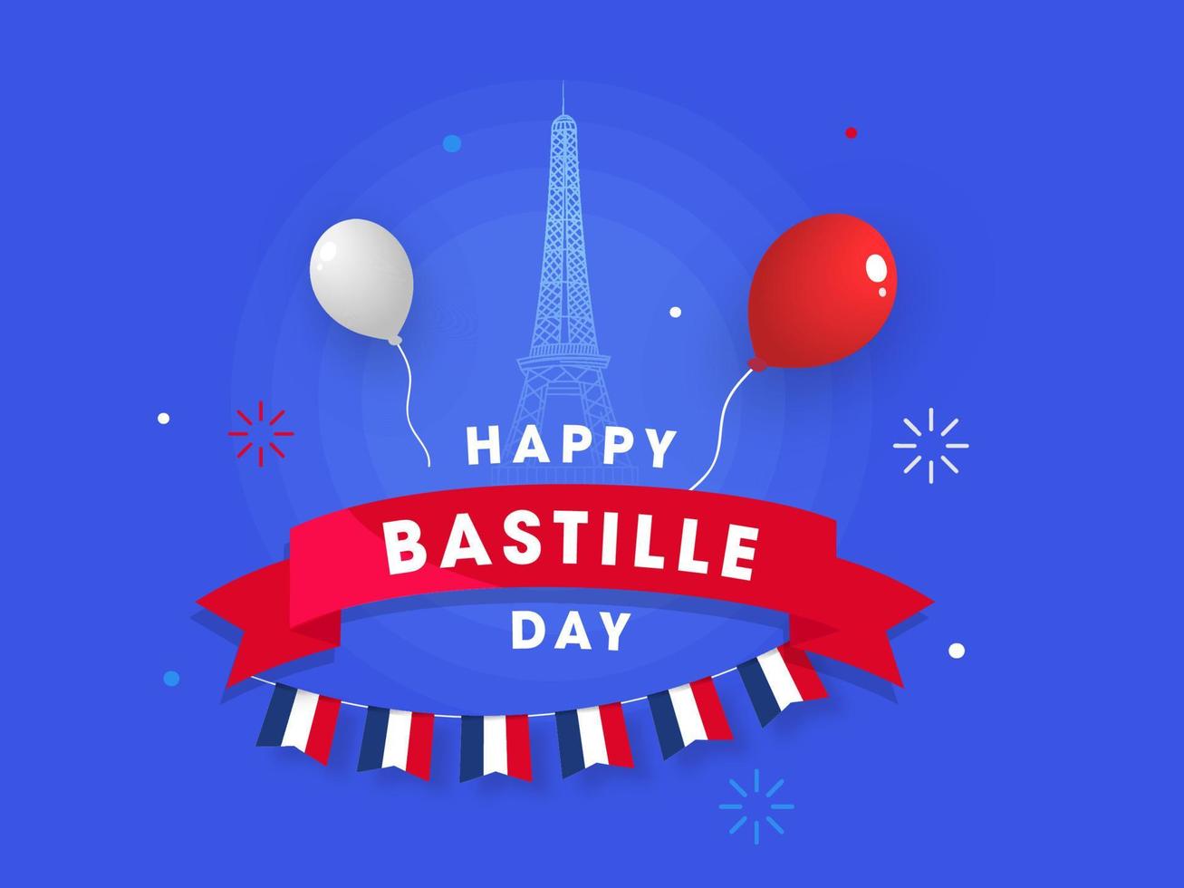 gelukkig Bastille dag tekst met ballonnen en vlaggedoek vlaggen Aan eiffel toren blauw achtergrond. vector