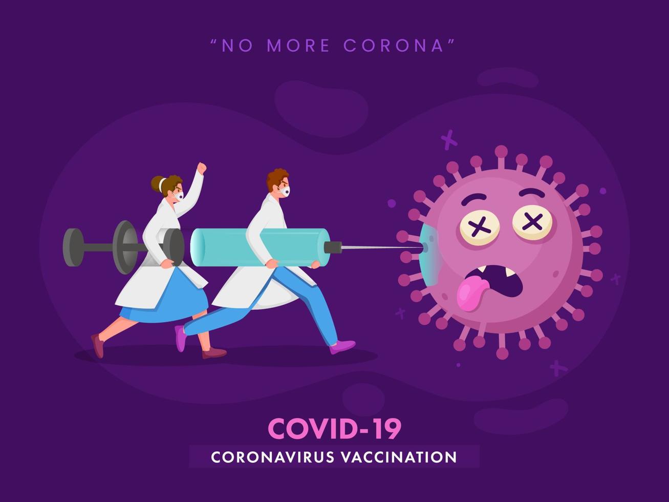 Mens en vrouw artsen vechten met coronavirus gebruik makend van vaccin injectie Aan Purper achtergrond voor Nee meer corona of covid19. vector