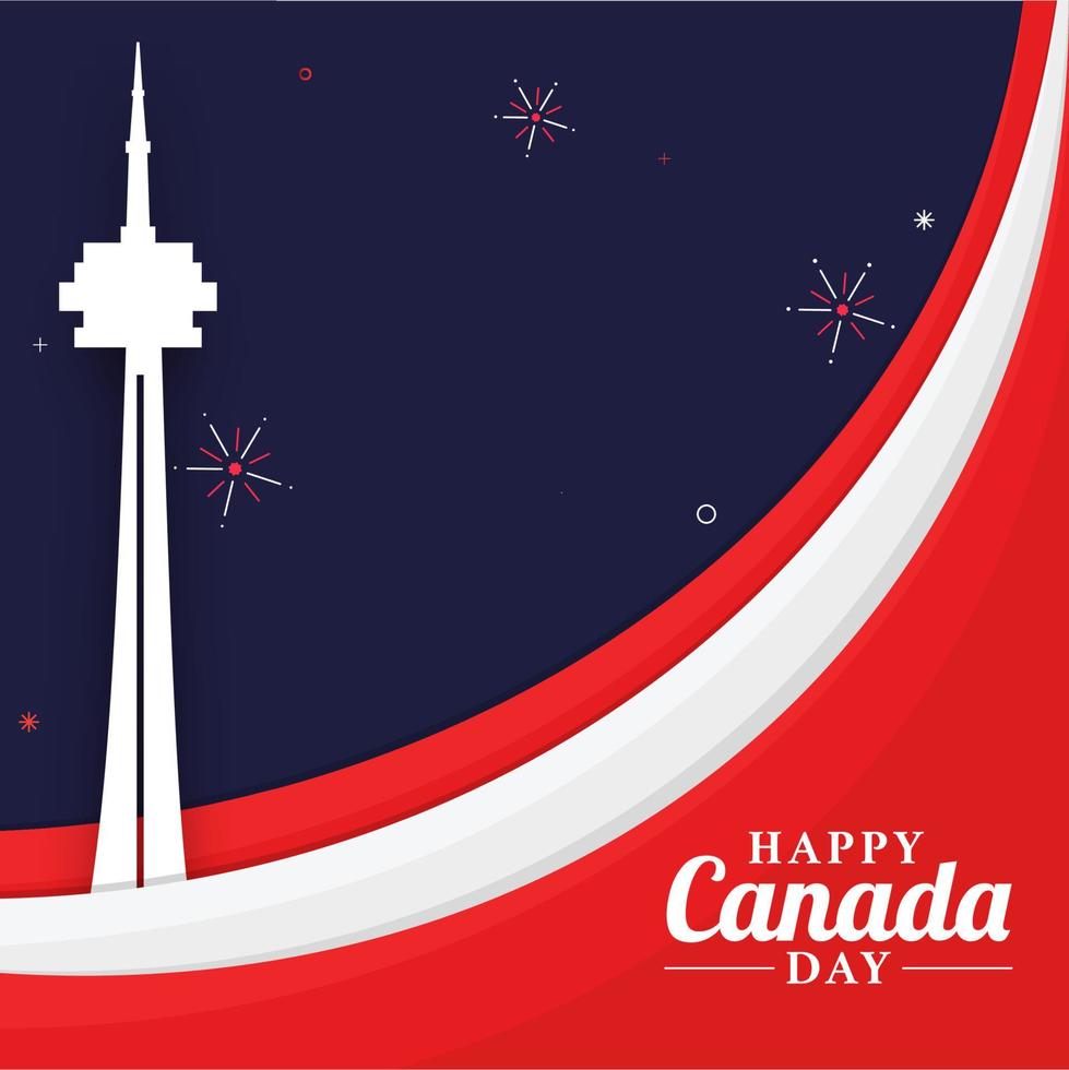 gelukkig Canada dag doopvont met papier besnoeiing cn toren en Canadees vlag kleuren Aan blauw vuurwerk achtergrond. vector