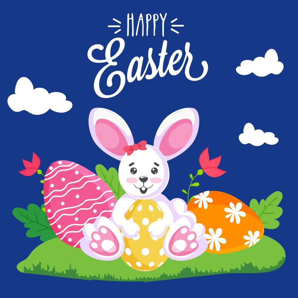 gelukkig Pasen poster ontwerp met tekenfilm konijn Holding geschilderd ei Aan bloemen tuin visie en blauw achtergrond. vector