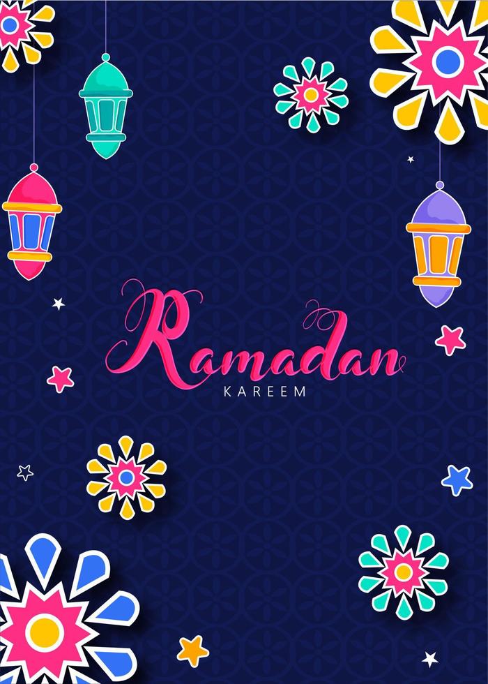 Ramadan kareem doopvont met sticker stijl sterren, mandala en hangende lantaarns versierd Aan blauw Islamitisch patroon achtergrond. vector