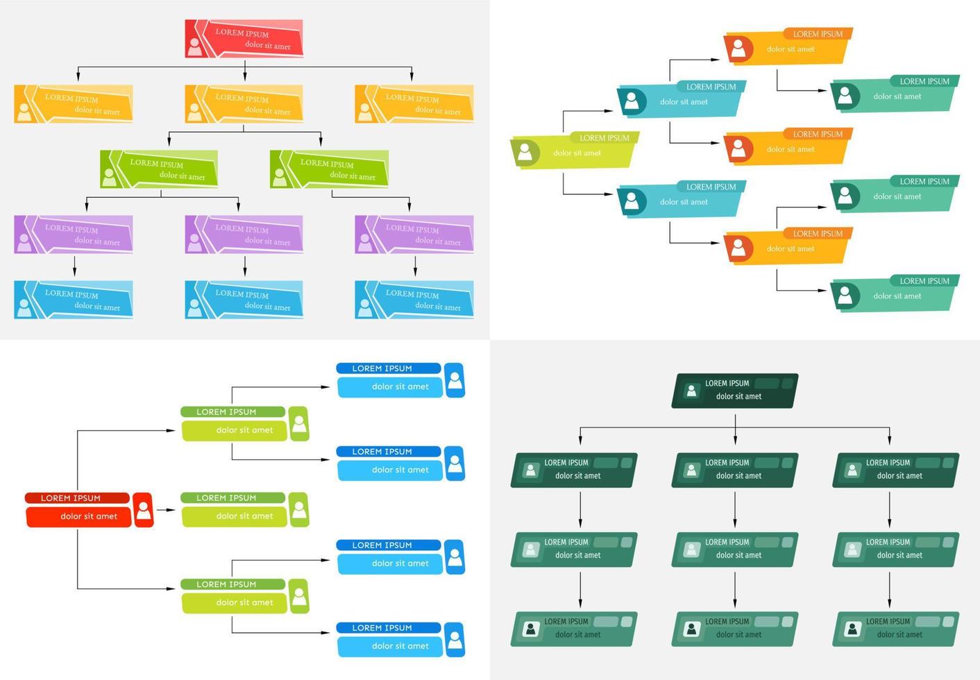 reeks van vier kleurrijk bedrijf structuur concept, zakelijke organisatie tabel regeling met mensen pictogrammen. vector illustratie.