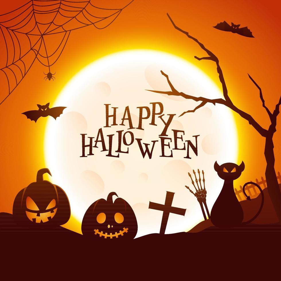 vol maan oranje en bruin achtergrond met jack-o-lantaarns, eng kat, skelet hand, vliegend vleermuizen, spinnenweb en kaal boom voor gelukkig halloween. vector