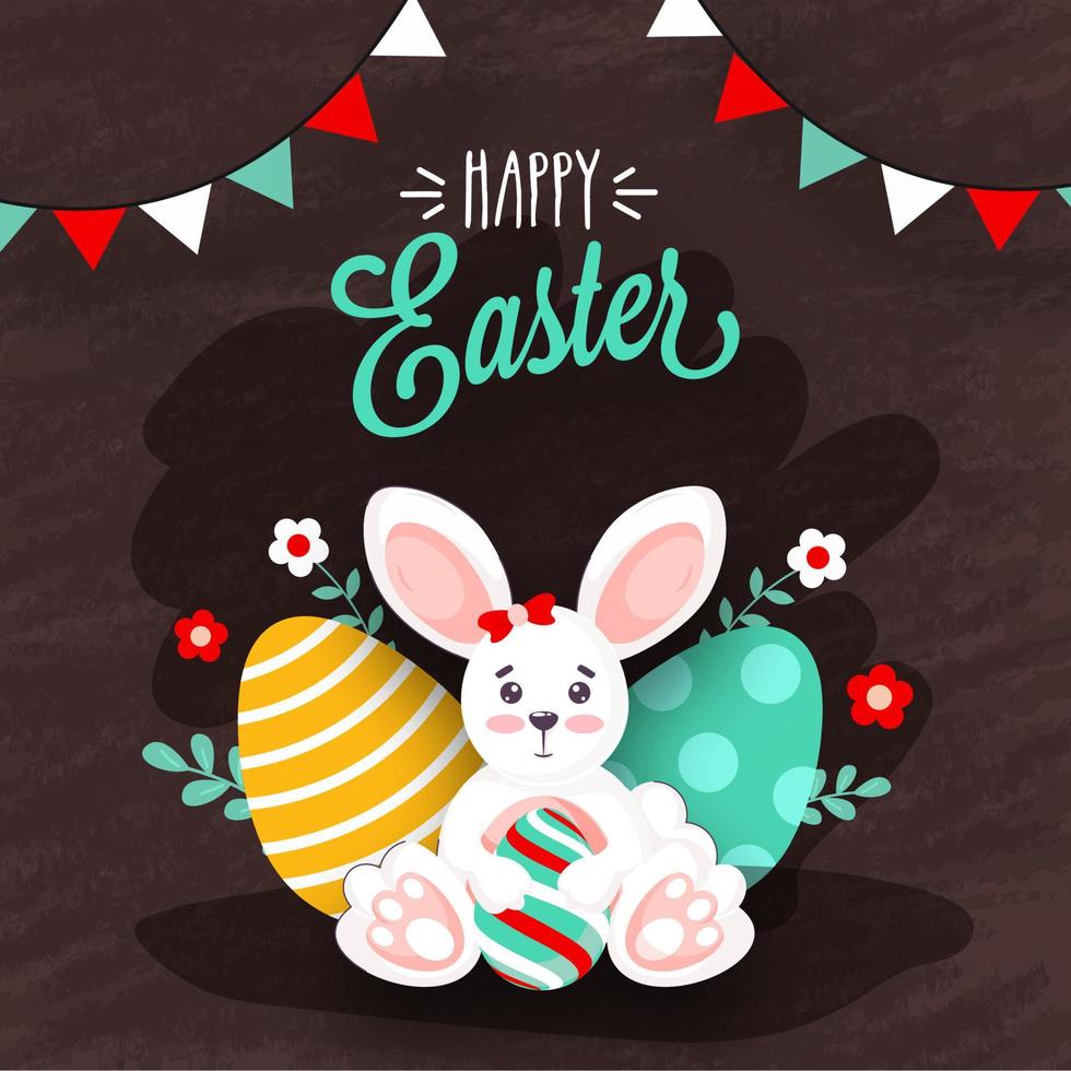 gelukkig Pasen poster ontwerp met tekenfilm konijn Holding gedrukt eieren en bloemen Aan bruin grunge achtergrond vector