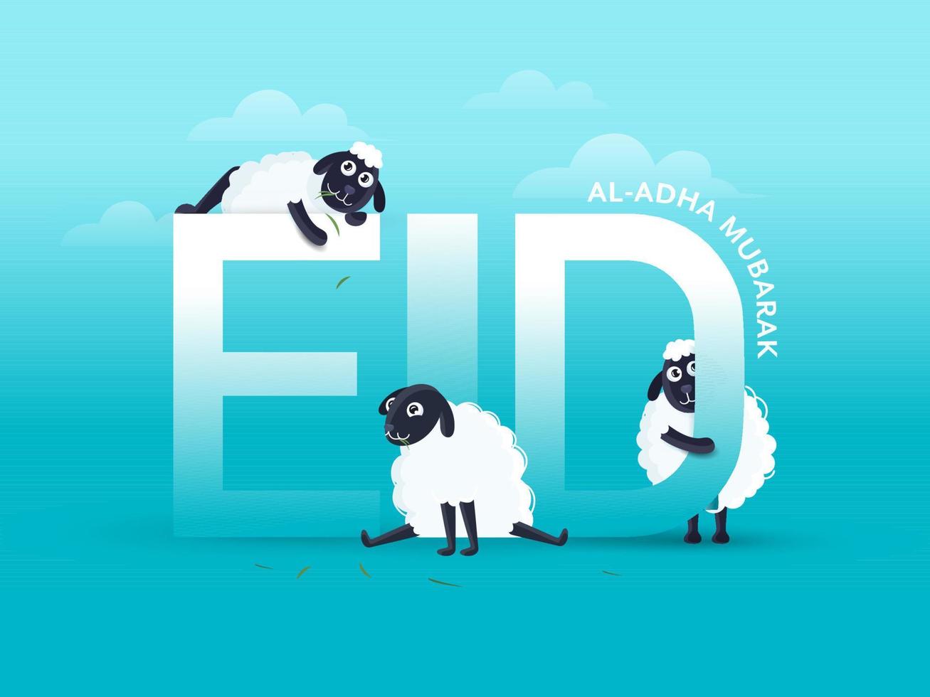 eid-al-adha mubarak tekst met drie tekenfilm grappig schapen Aan lucht blauw achtergrond. vector