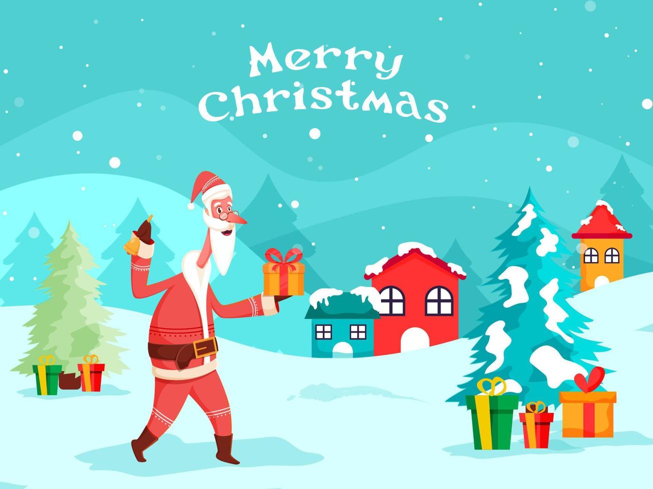 vrolijk Kerstmis viering poster ontwerp met tekenfilm de kerstman claus Holding een klok, geschenk dozen, Kerstmis bomen en huizen Aan sneeuw vallend achtergrond. vector