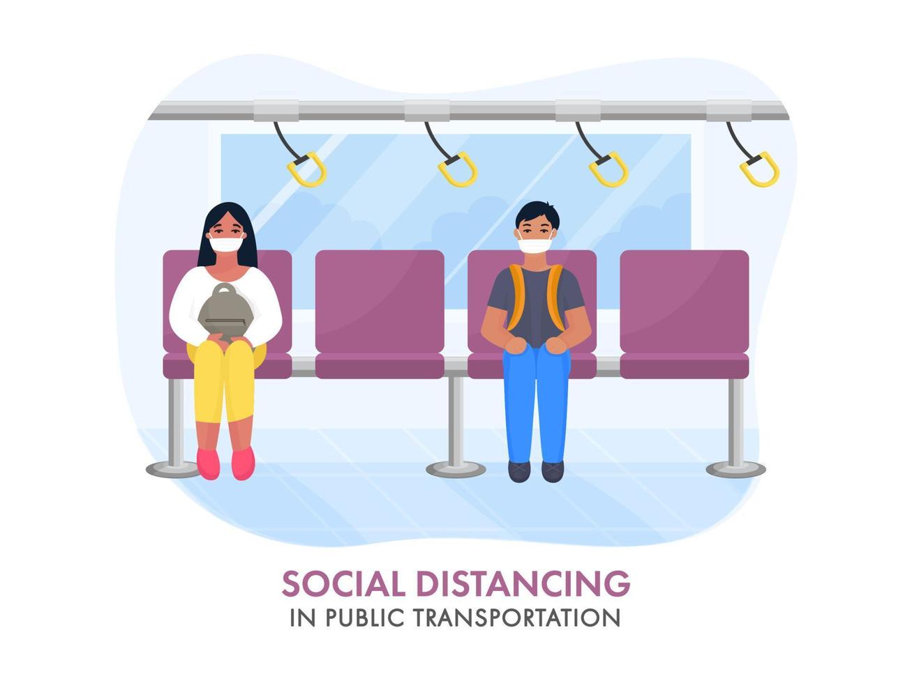 sociaal afstand in openbaar vervoer concept gebaseerd ontwerp met illustratie van mensen vervelend medisch maskers Bij trein gedurende covid19. vector