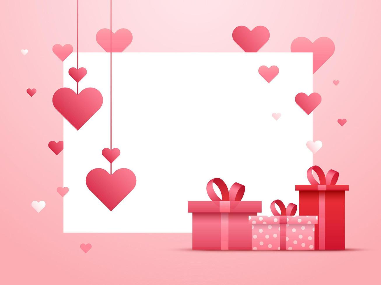 realistisch geschenk dozen met leeg wit papier en harten versierd Aan roze achtergrond. vector