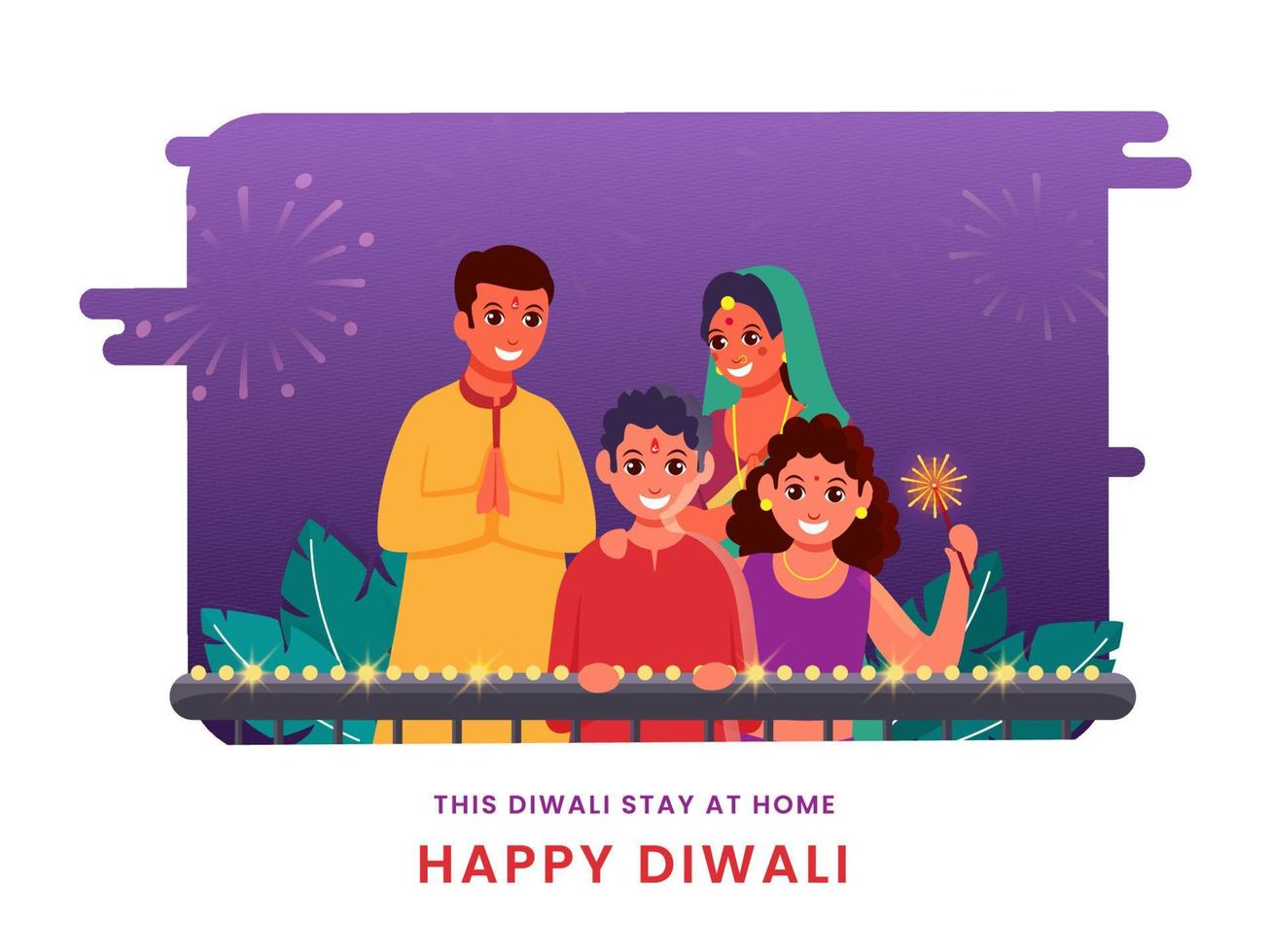 illustratie van vrolijk familie vieren diwali festival en gegeven bericht blijven Bij huis voor vermijden coronavirus. vector