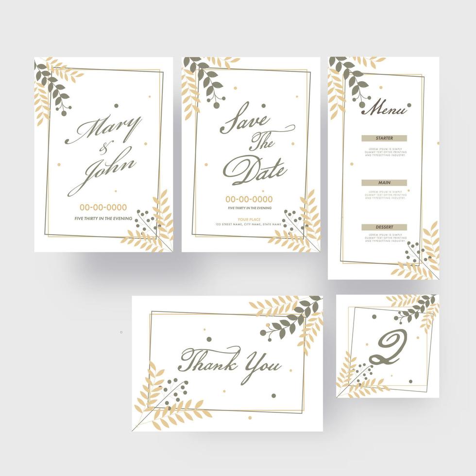 bruiloft uitnodiging kaart ontwerp reeks versierd met bladeren en evenement details. vector