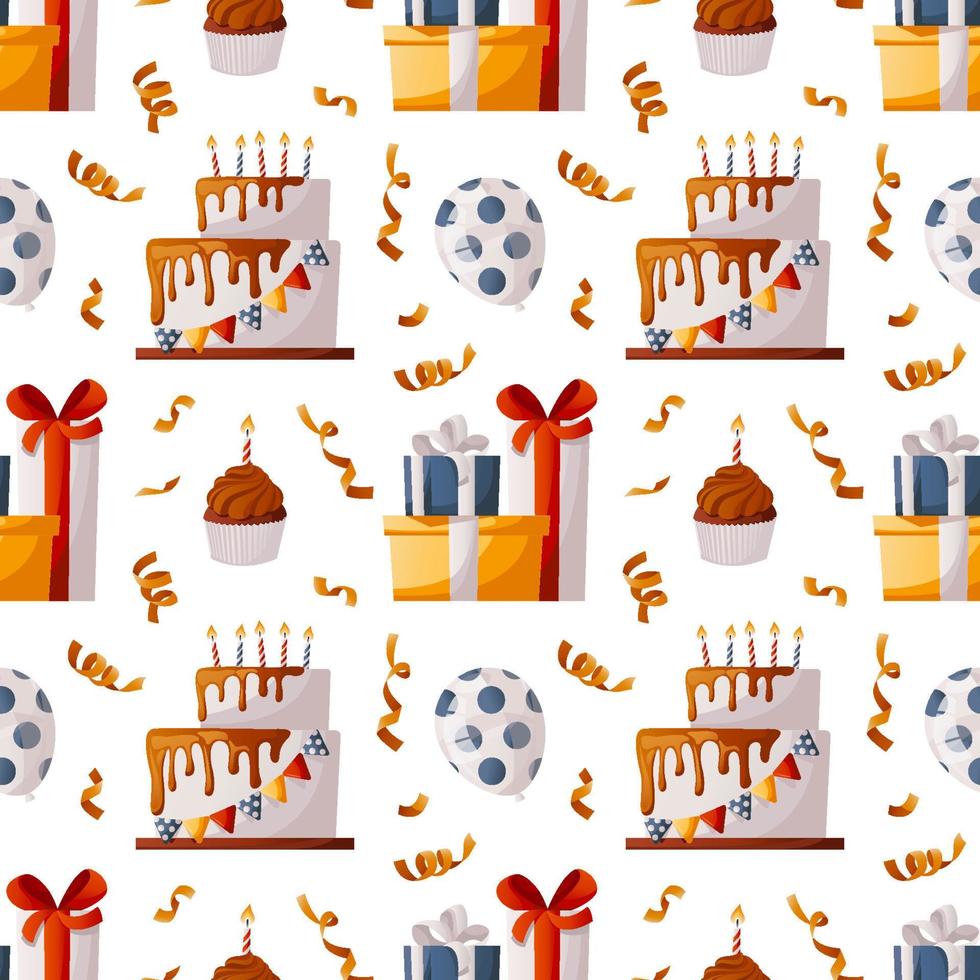 patroon met verjaardag taart, koekje, ballonnen, geschenken, confetti . verjaardag partij, viering, vakantie, feestelijk. perfect voor Product ontwerp, behang, omhulsel papier. tekenfilm vector